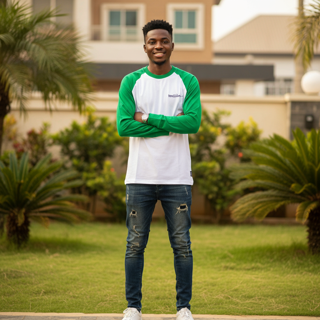 Nigerian male model wearing men's white green raglan script long sleeve shirt