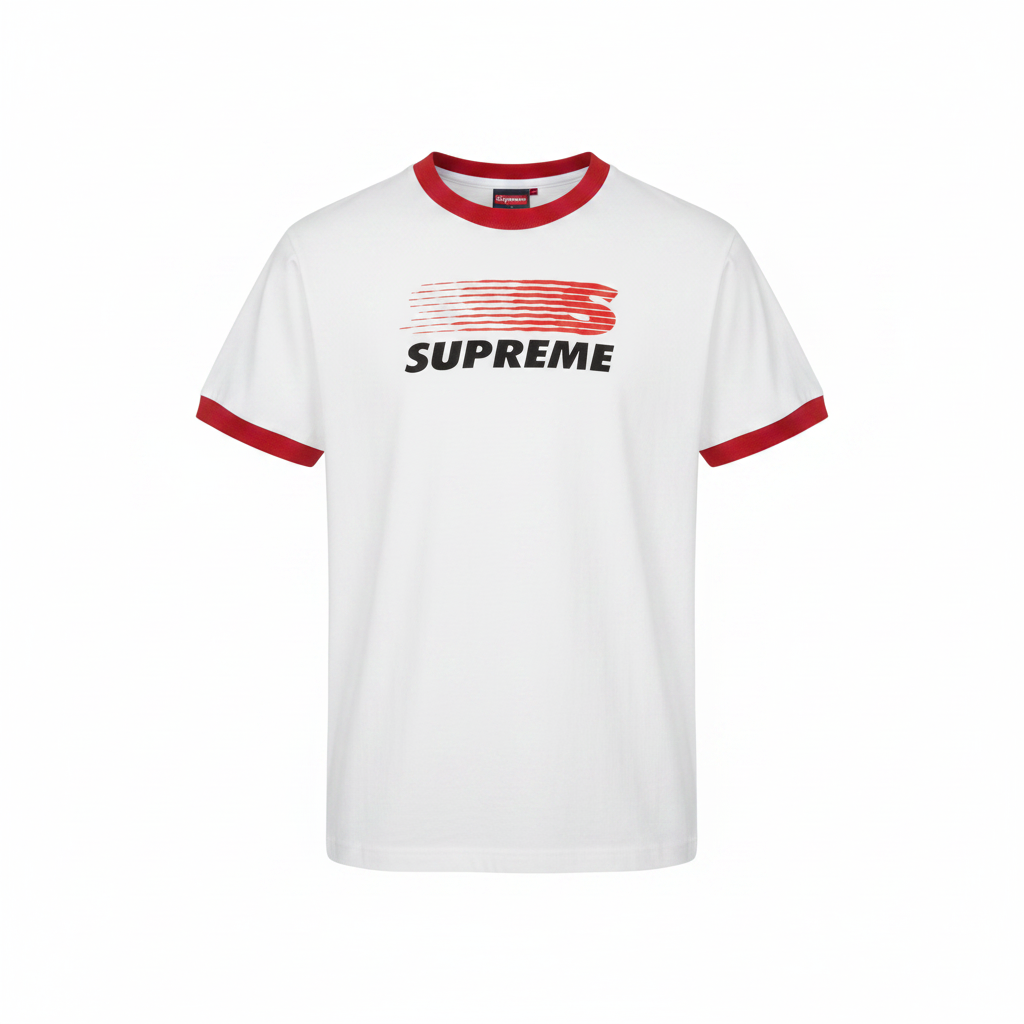 Men's White Red Trim Ringer T-Shirt Speed Graphic – Ghost Mannequin Front View