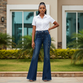 Eyelet Strap Bootcut Flare Jeans - Model Front View