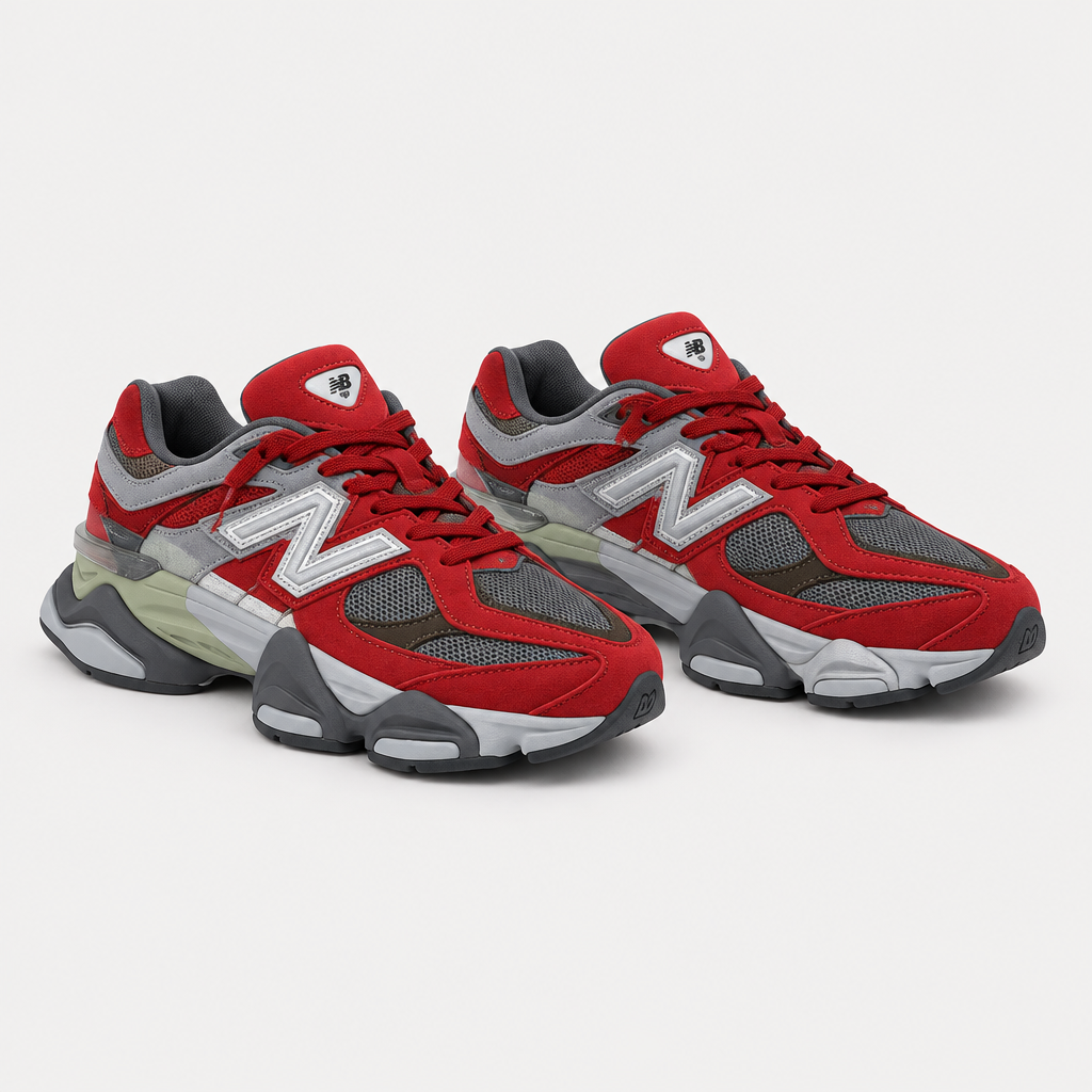 Pair of red and gray mesh running sneakers with chunky soles