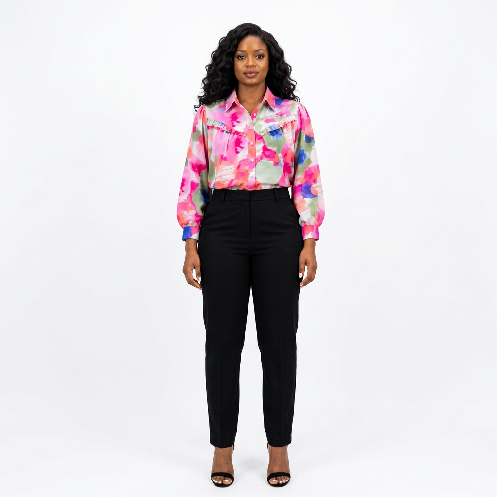 Full-body adult Black woman wearing a pink multicolour abstract-print blouse