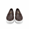 Dark brown pebbled leather slip-on loafer with gold hardware ghost mannequin product shot, plain white background