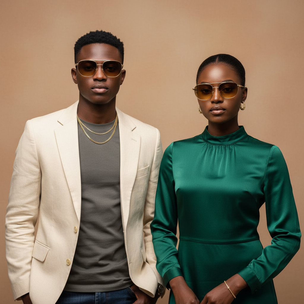 Male and female model lifestyle shot — Geometric Pilot Sunglasses Gold Wire Amber Yellow