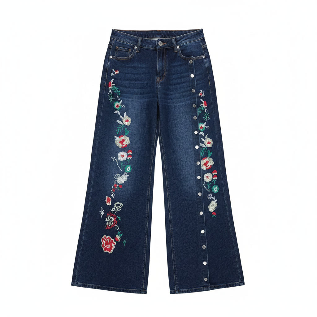 Women's Floral Embroidered Wide-Leg Denim Jeans - Ghost Mannequin