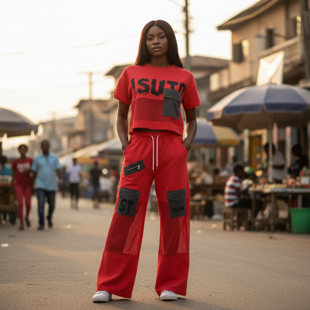 Young Nigerian female model wearing red mesh graphic crop set