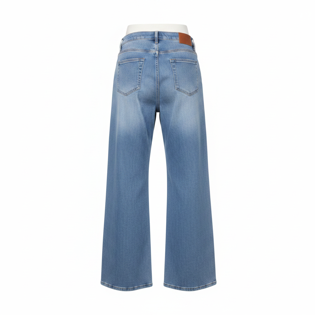 Light Blue Floral Embroidered Wide-Leg Denim Jeans - Ghost Mannequin Back