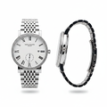 Full silver dress watch with coin bezel and Roman numeral dial, front and side view on white background