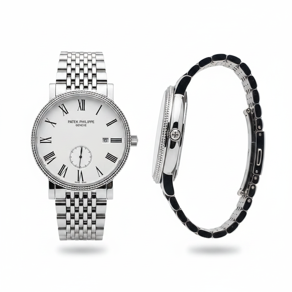 Full silver dress watch with coin bezel and Roman numeral dial, front and side view on white background