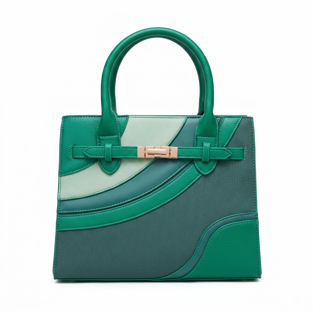 Emerald green teal and mint curved-panel handbag on white background