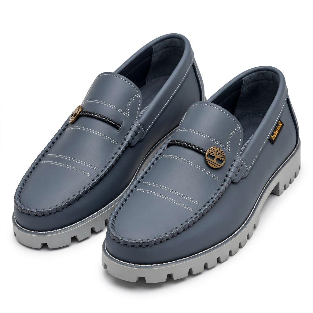 Pair of slate-blue chain-emblem loafers with grey lug soles on white