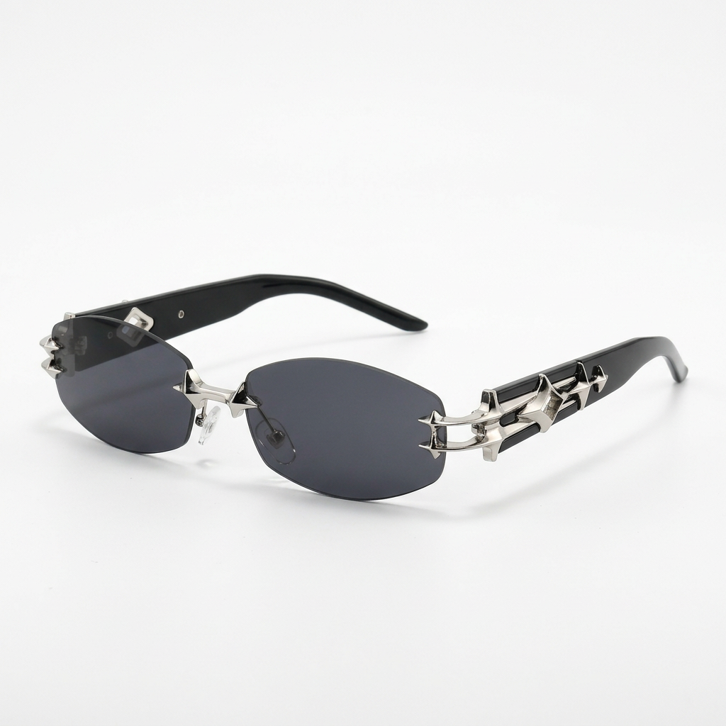 Rimless dark smoke sunglasses with silver-tone link temples on white