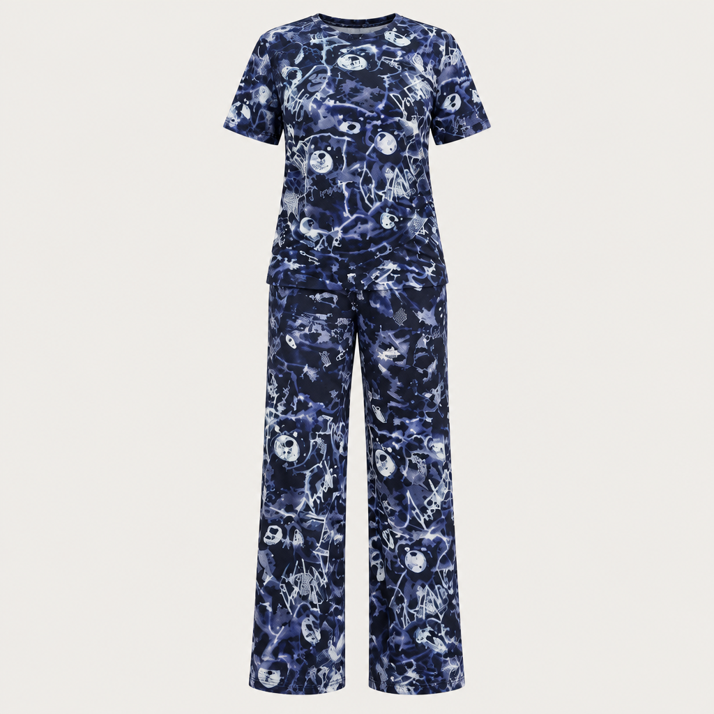 Navy and white abstract print top and trousers on invisible mannequin