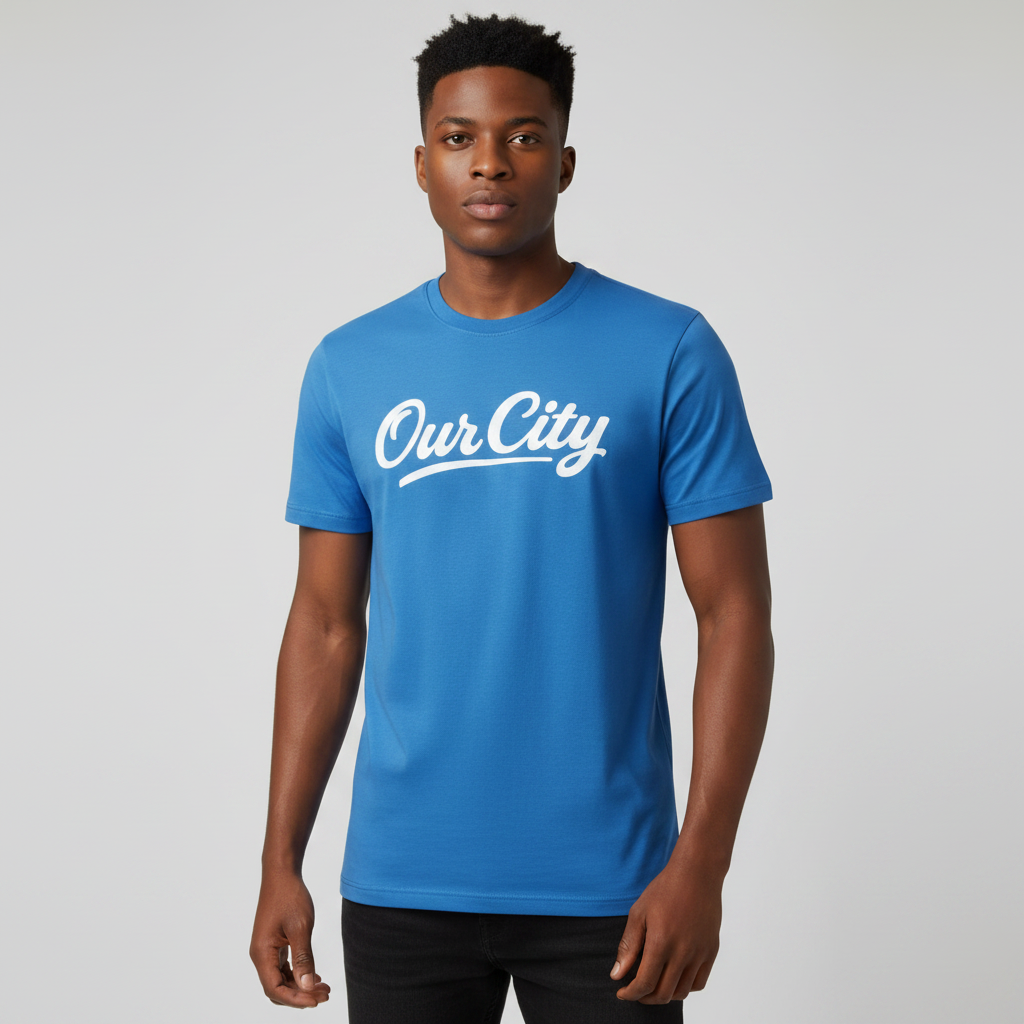 Our City Script Tee – Sky Blue – Model Front View