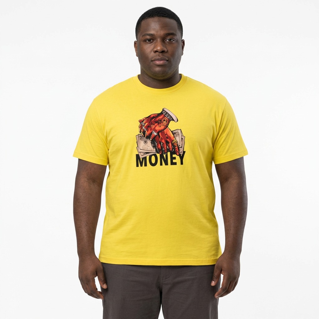 Black adult male model wearing a yellow graphic T-shirt
