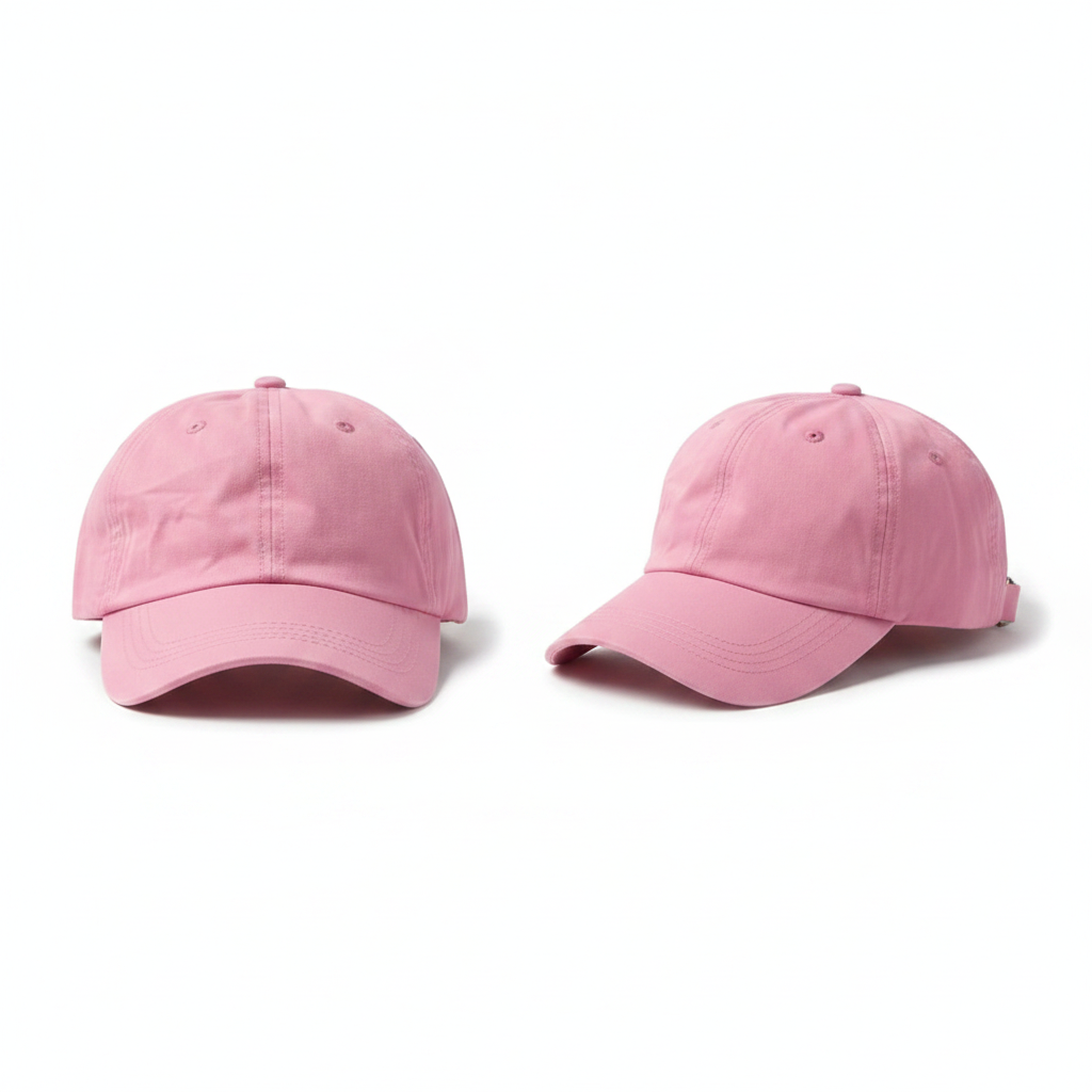 Plain bubblegum pink dad cap ghost mannequin front and side view