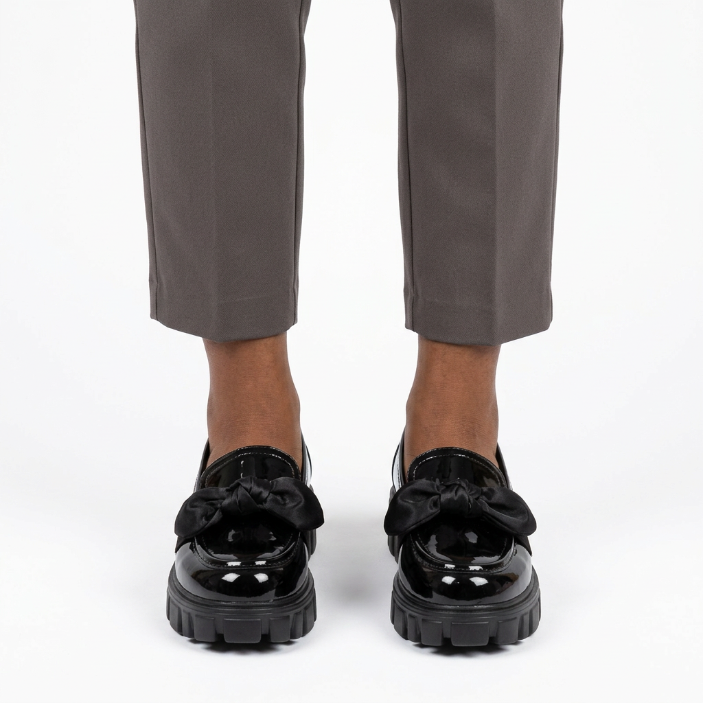 Adult woman wearing black glossy bow chunky-sole loafers