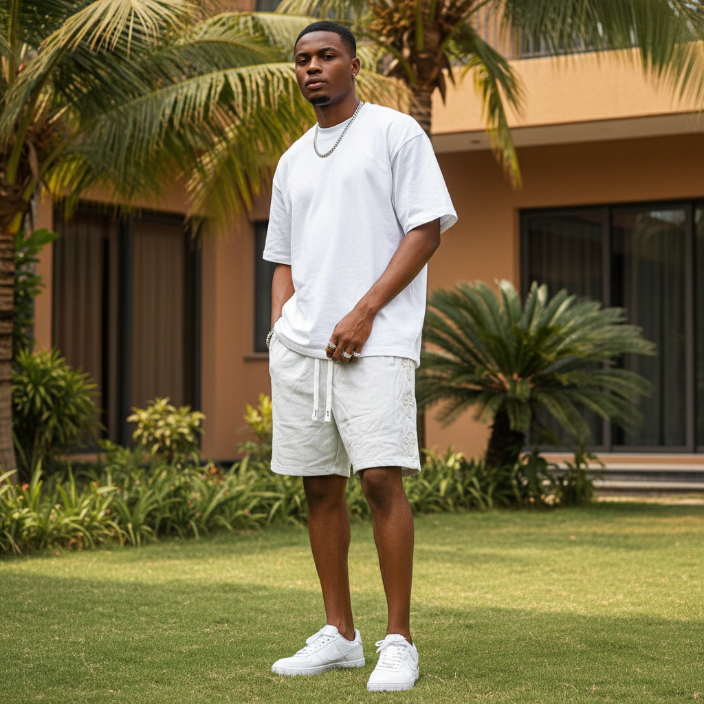 Nigerian male model wearing white cross patch drawstring shorts in upscale outdoor setting