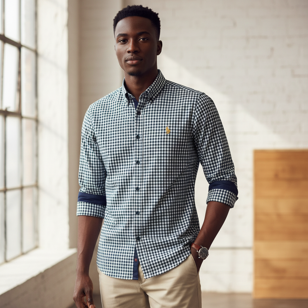Nigerian model wearing Ralph Polo Navy White Small Gingham Check Shirt