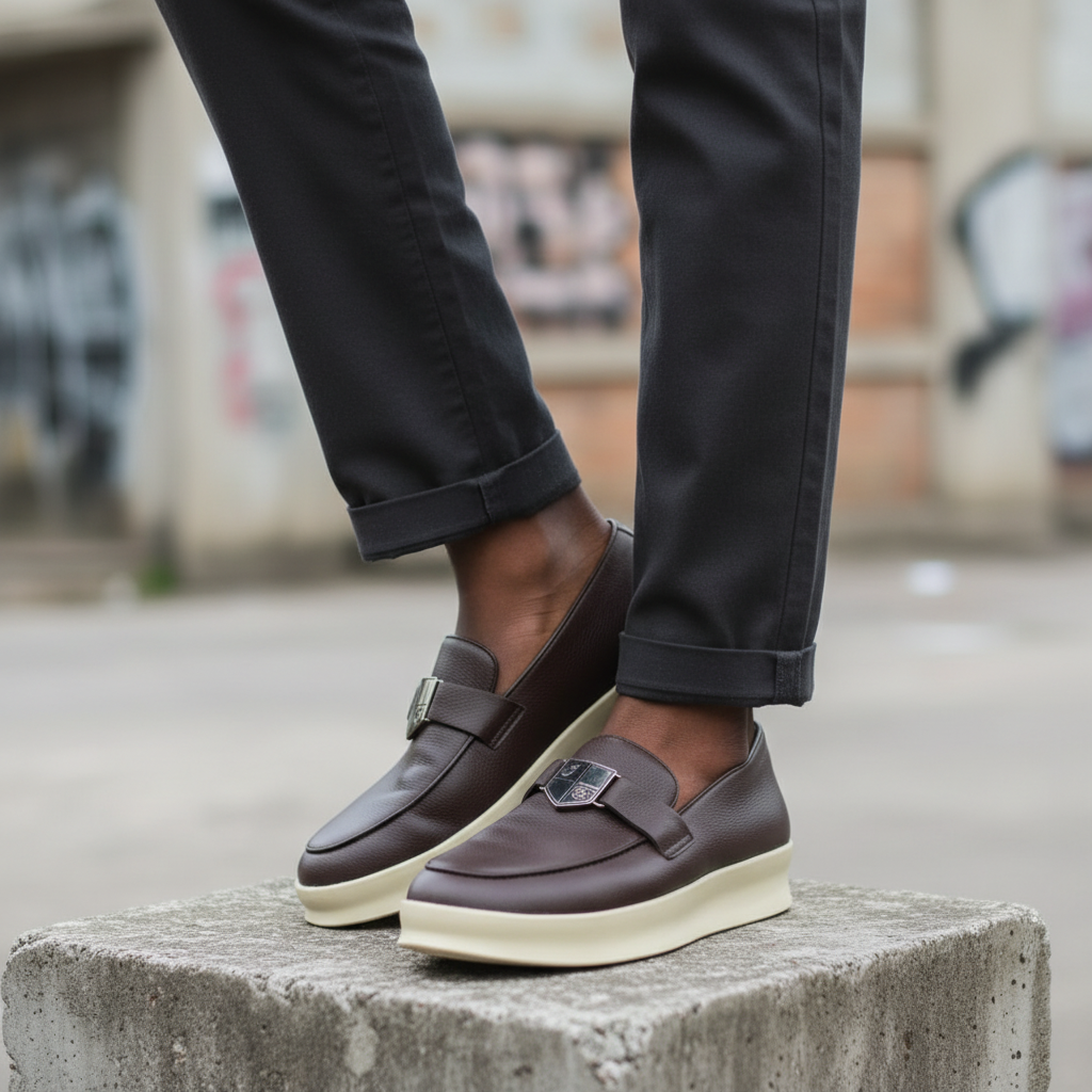 Men's Dark Brown Leather Platform Slip-On Loafer Silver Shield Clasp – Leg Shot