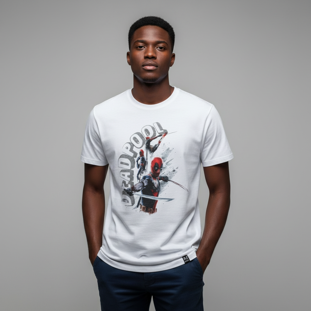 Young Nigerian male wearing white Deadpool action graphic crew neck tee