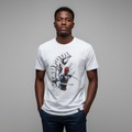 Young Nigerian male wearing white Deadpool action graphic crew neck tee