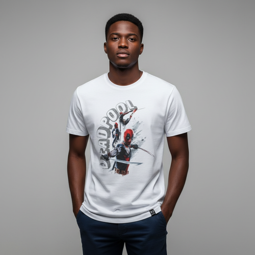 Young Nigerian male wearing white Deadpool action graphic crew neck tee