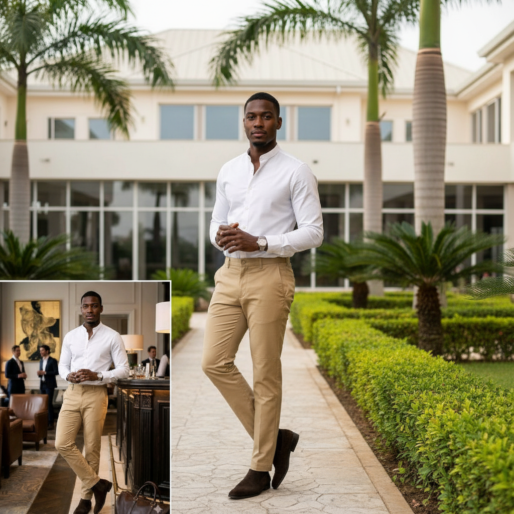 Nigerian male model wearing men's khaki slim-fit chino trousers