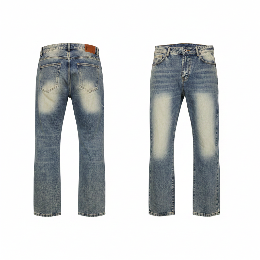 Ghost mannequin front view – Men's Blue Acid-Washed Distressed Denim Jeans Bleach Patch Detail