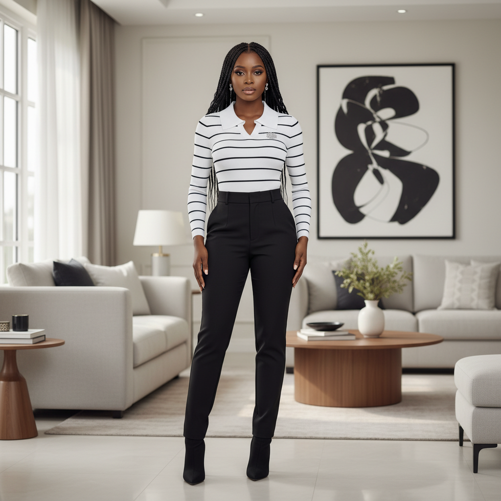 Striped Knit Polo Long-Sleeve Top - Front Model
