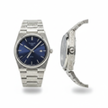 Silver engraved navy blue dial dress watch — front and side view