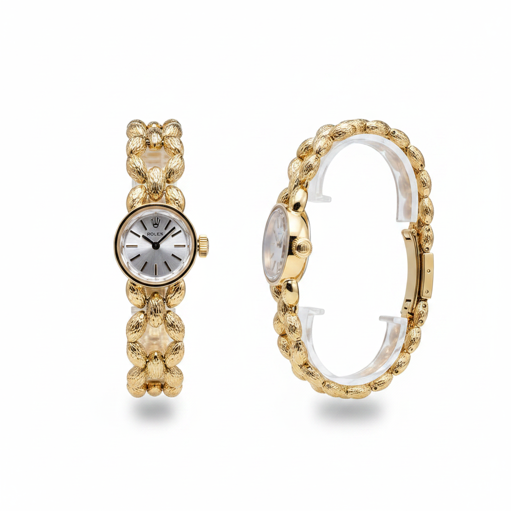 Women's gold chain bracelet silver dial wristwatch — ghost mannequin front and side view