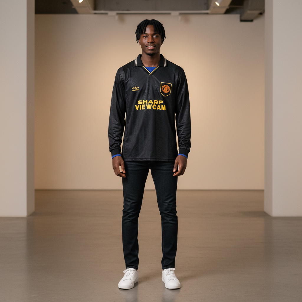 Black Retro Long Sleeve Away Jersey – Model Shot