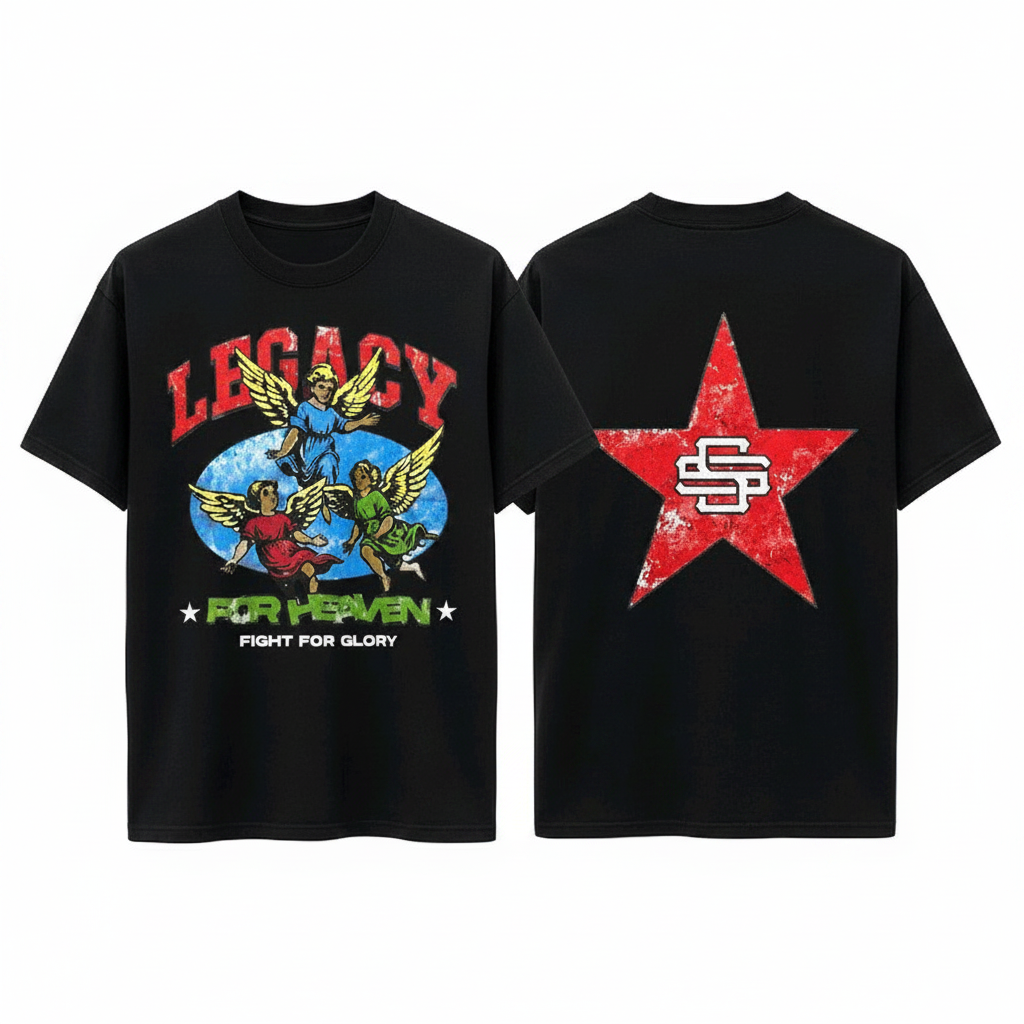 Men's black short-sleeve angel and star graphic tee ghost mannequin front and back view