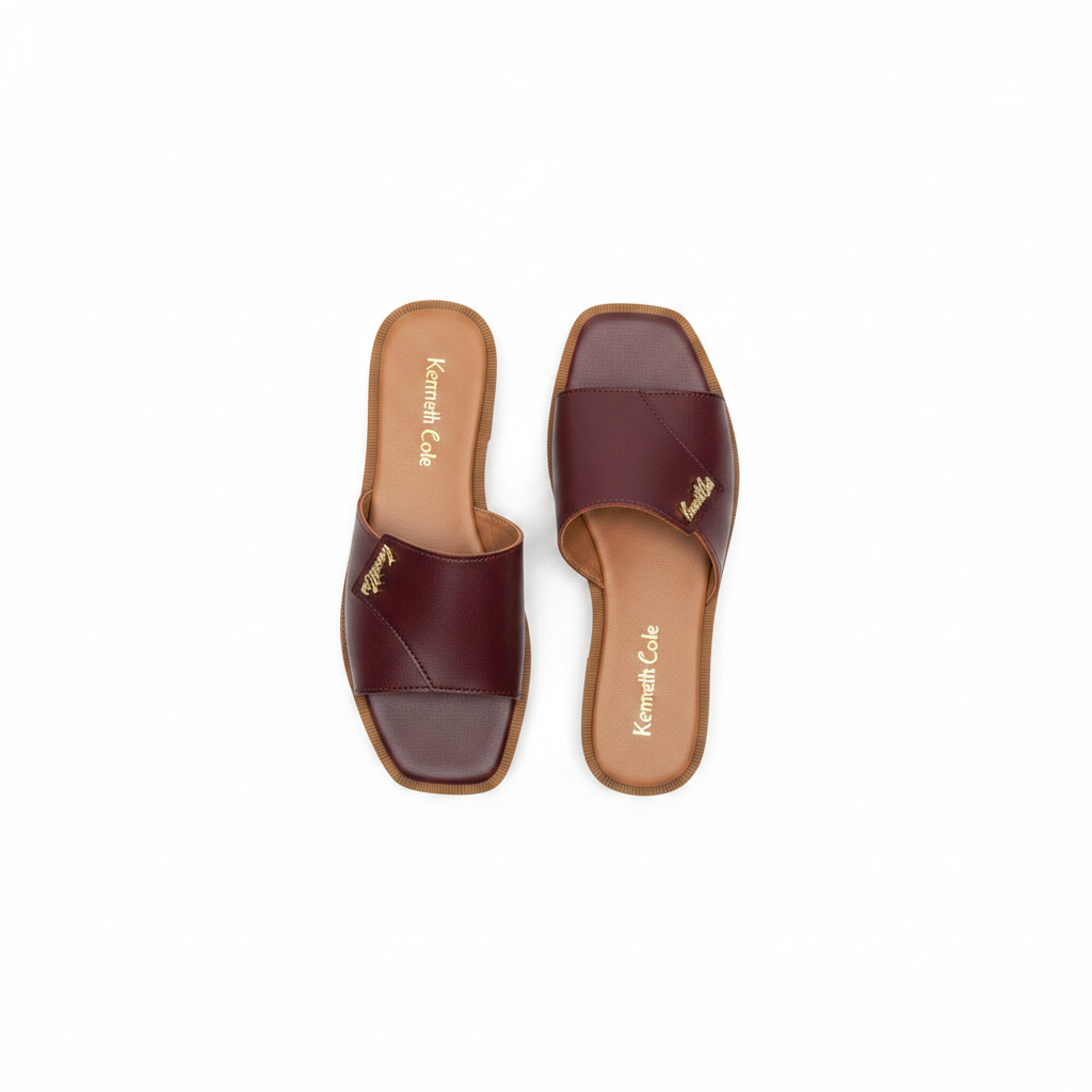 Ghost mannequin pair view of wine burgundy leather wide strap pointed toe flat slide mules