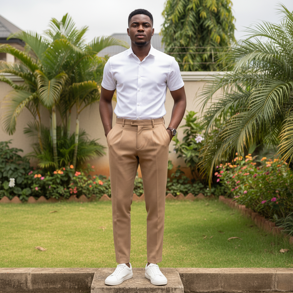 Nigerian male model wearing tan Gurkha dress trousers