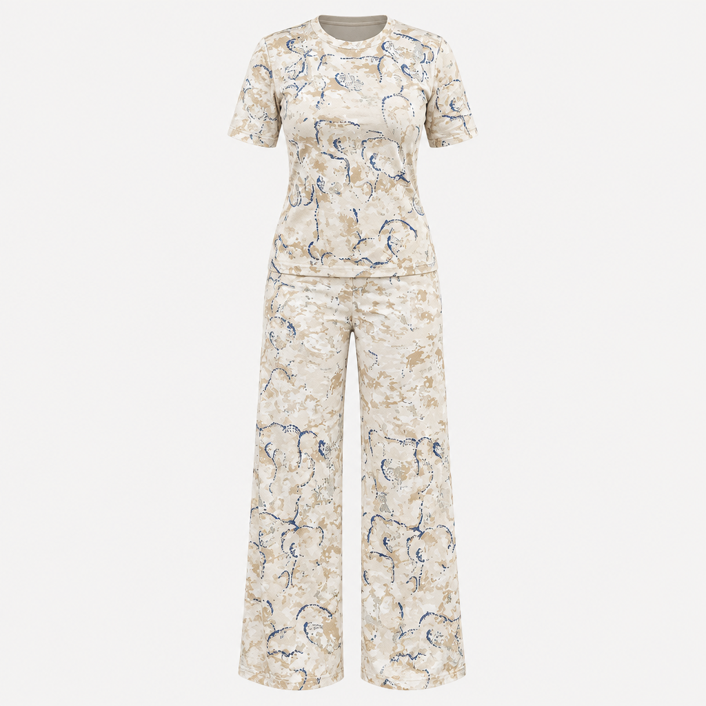 Cream abstract print top and trousers on invisible mannequin