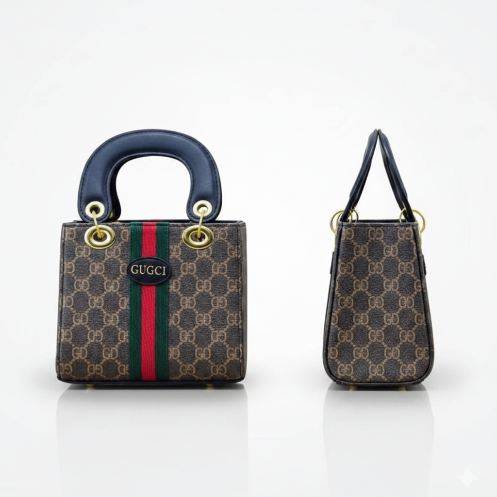 Women's Brown Monogram Mini Tote Bag – Ghost Mannequin Front and Side View