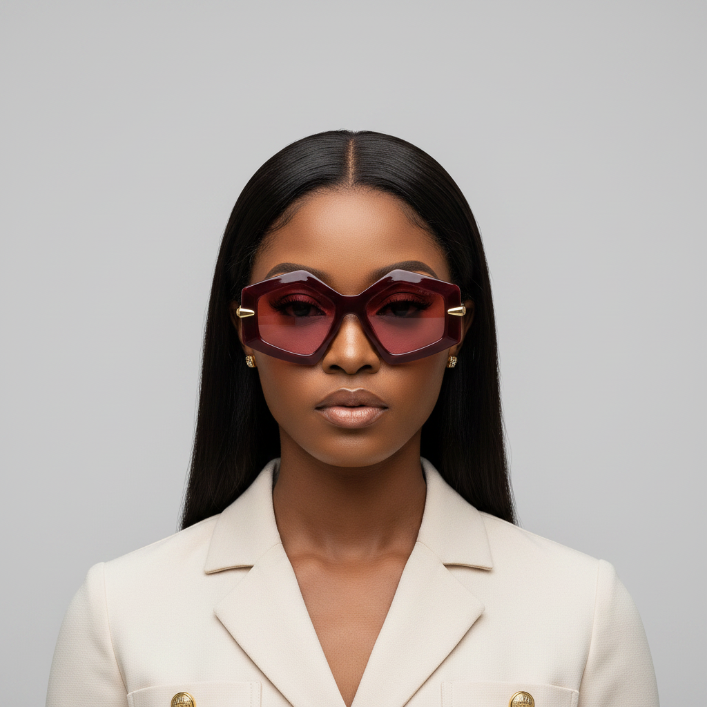 Nigerian female model with sleek weavon wearing oversized geometric burgundy frame sunglasses with bright pink lens – editorial medium shot professional grey background