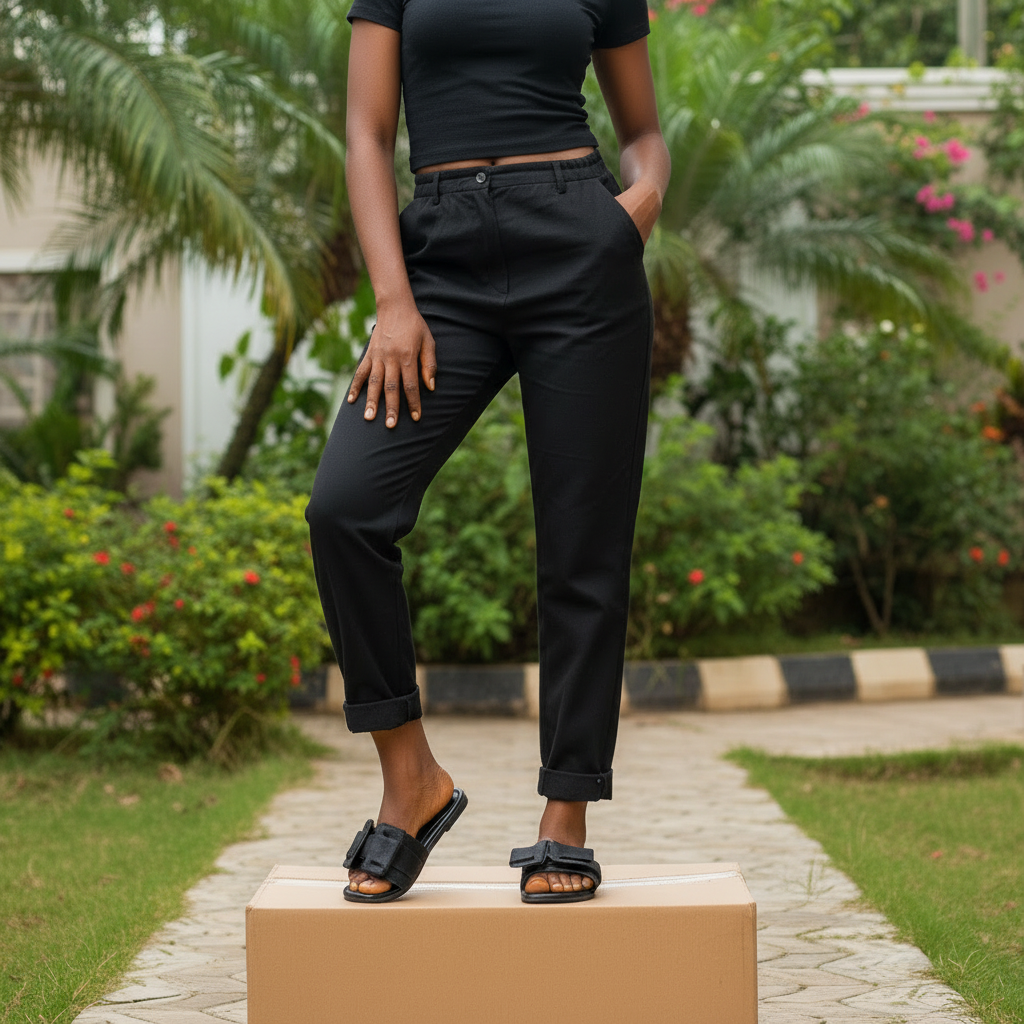 Nigerian female model leg focus shot wearing black bow flat slide sandals