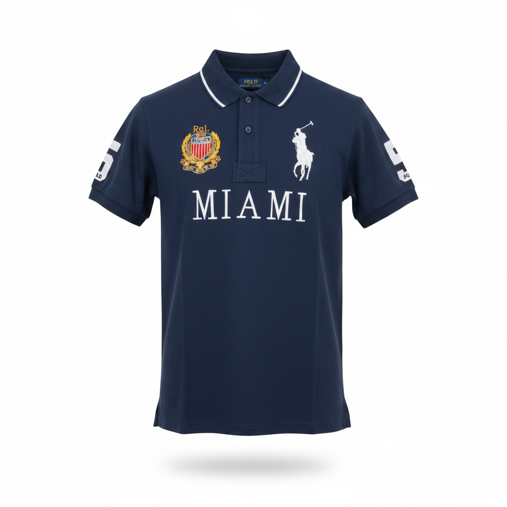 Navy blue graphic polo shirt with crest and city print ghost mannequin front view on white background