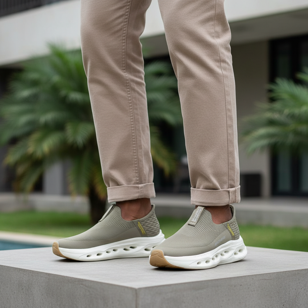 Men's olive honeycomb mesh slip-on sneaker - Nigerian male model leg focus