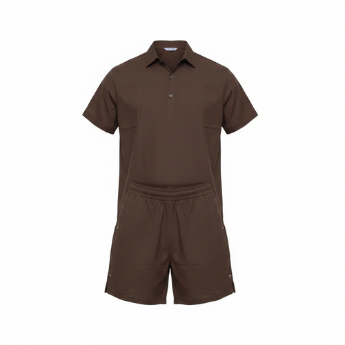 Ghost mannequin view of Unisex Chocolate Brown Linen-Look Shirt & Shorts Co-ord Set