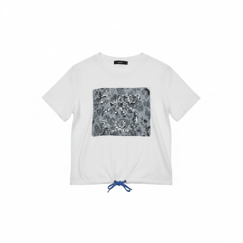 Ghost Mannequin Front – White Paisley Panel Crapo Top