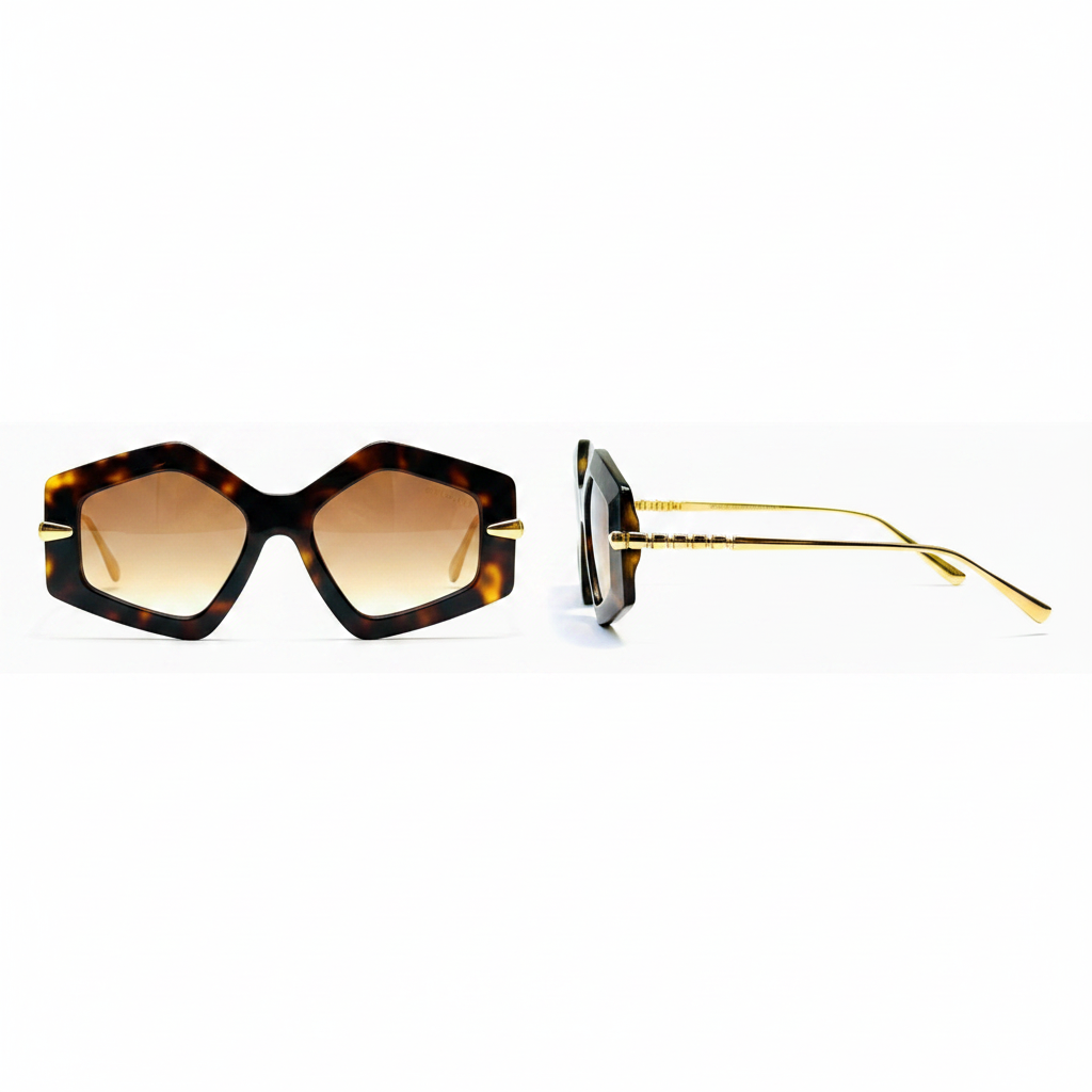 Women's oversized geometric sunglasses with tortoiseshell frame, gold ribbed temple hardware and gradient amber lenses – front and side ghost mannequin view on white background
