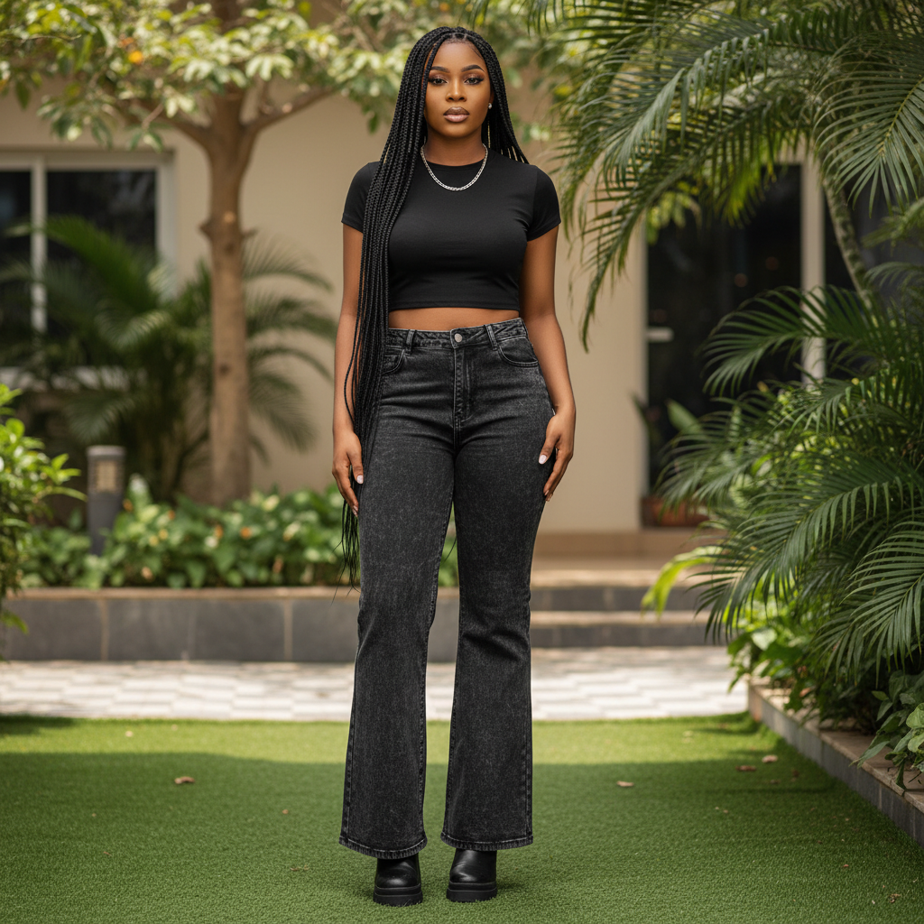Model shot — Women's Dark Acid-Wash Flare Denim Jeans