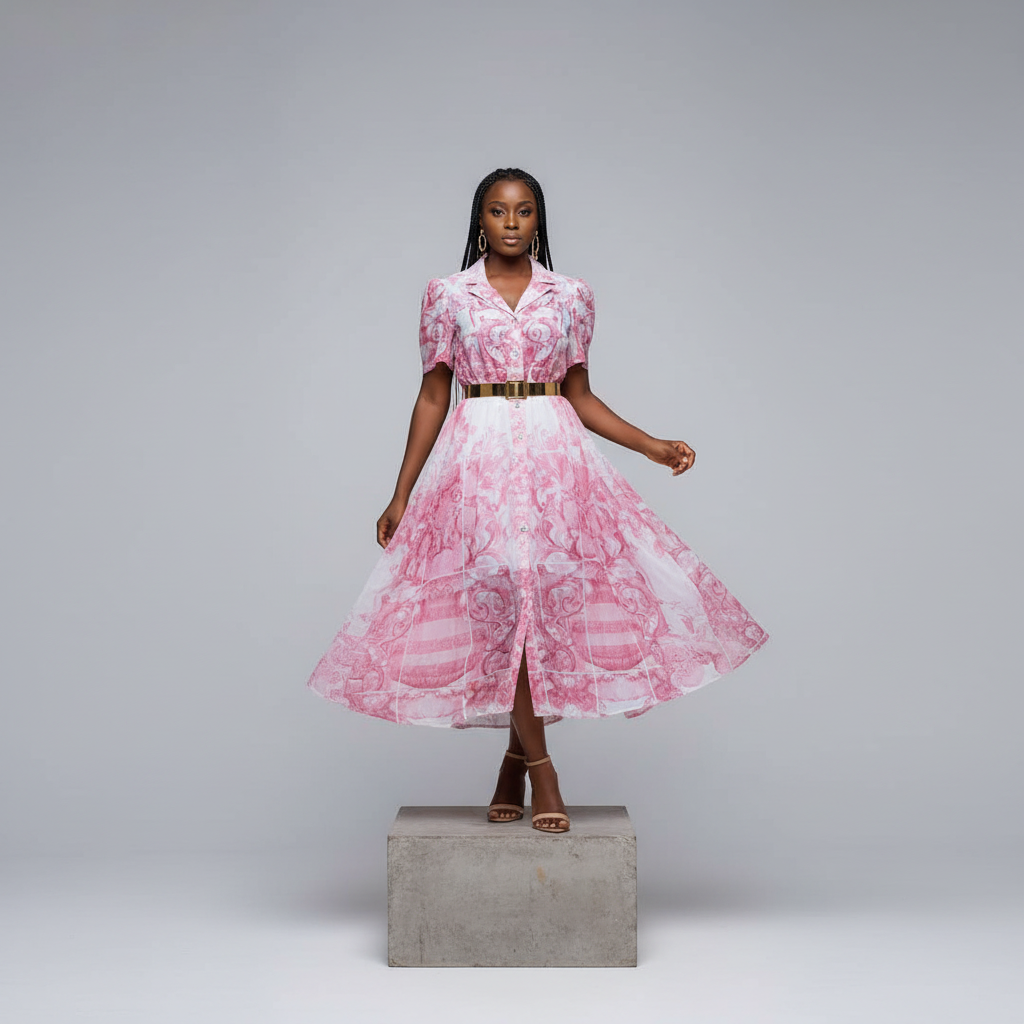 Nigerian female model wearing pink baroque print belted shirt dress