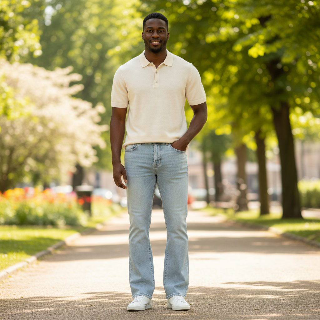 Nigerian model wearing Ice Blue Washed Slim Bootcut Flare Clean Minimal Jeans