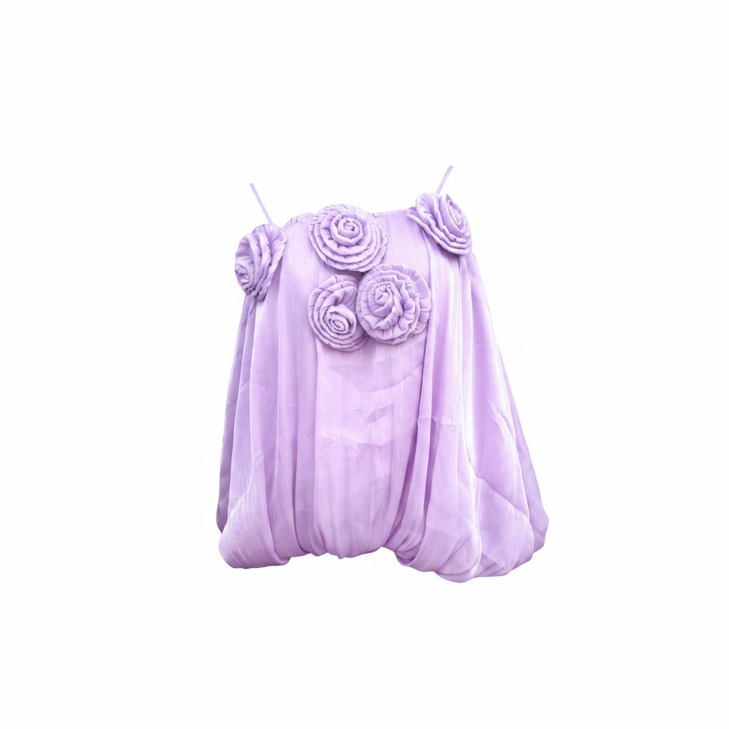 Lilac Rose Appliqué Bubble Top - Ghost Mannequin Front View