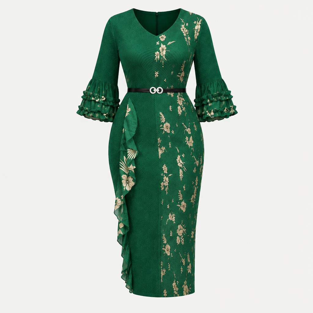 Ghost mannequin view of an emerald floral midi gown with ruffle sleeves and a belted waist