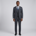 Full-body Black adult model wearing a charcoal textured three-piece suit